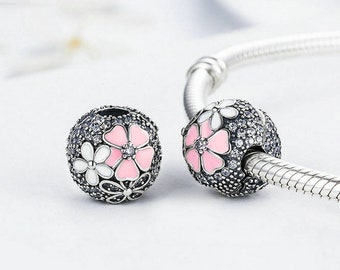 Poetic Blooms Clip enamel pink and white with CZ white 925 Sterling Silver Charms Fits Bracelet European & Women bracelet Charm Bracelet