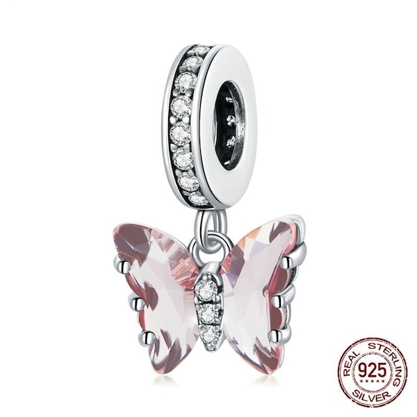 Authentic Butterfly Dream Pink Zircon 925 Sterling Silver Charm Pendant Bracelet Bangle Jewelry Gift Charm Women bead Fit Women Bracelet