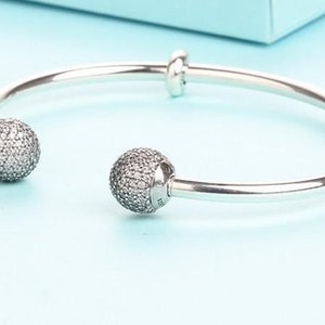 Open Bangle Bracelet, 100% Sterling Silver with Cubic Zirconia Charm Fits to all Women Charm Jewelry Handmade Charms