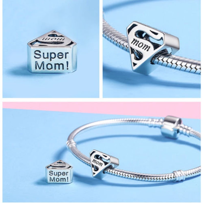 Super Mom bead with symbol of superman Mother love bead charm 100% 925 Sterling Silver fit for Authentic fit Women and european bracelets image 3