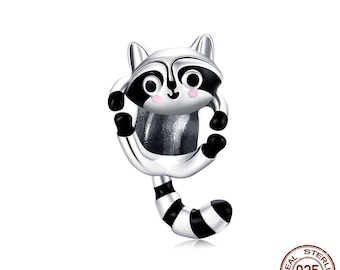 Little Raccoon Beads 925 Sterling Silver Black Stripe Aniaml Charms 925 Sterling Silver fit fit Fit Dames en europese armbanden