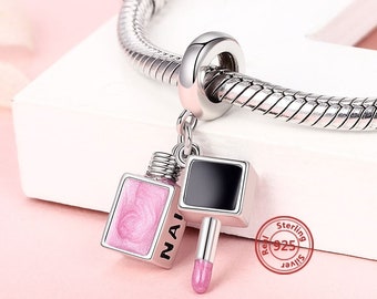 925 Sterling Silver Fit Women Bracelet Pink Enamel Dangle Beads Nail Polish European Bracelet Fits European Women Charm Bracelet