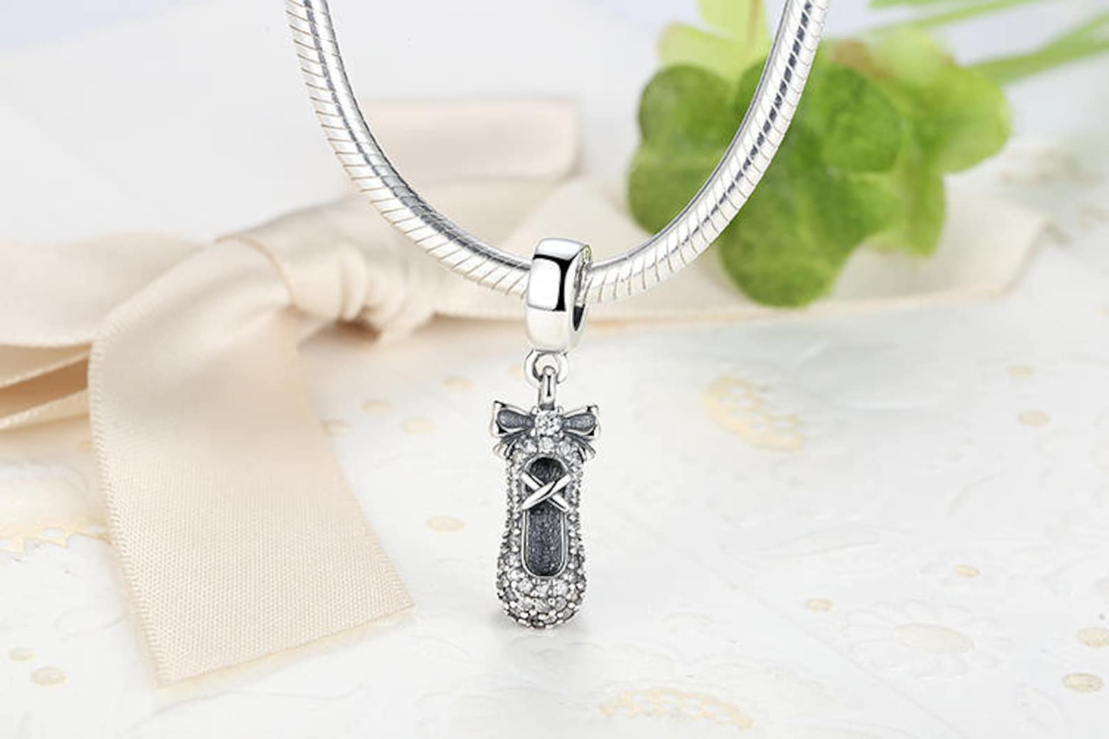 ballet slipper dance shoes with clear cz beads charms authentic 925 sterling silver charms fits european pandora charm bracelet