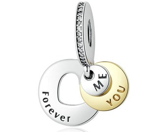 You and me forever pendant with silver and gold medals Fit European bracelets beads 100% Authentic 925 Sterling Silver fit Women bracelets
