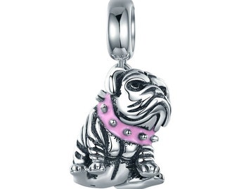 Engelse Bulldog met kraag Dierlijke bedels 100% sterling zilver 925 pasvorm Authentieke pasvorm Damesarmband en europese armbanden passen Damesbedel