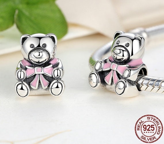 Girl Teddy Bear With Enamel Pink Beads Charms Authentic 925