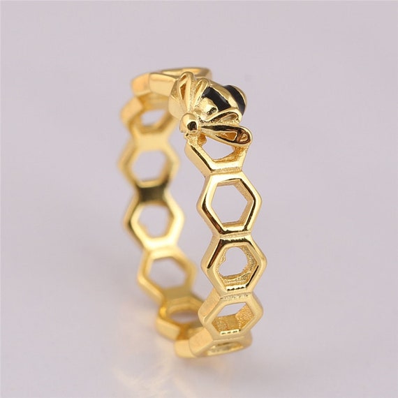 SHINE RING HONEYBEE 925 sterling Silver fit Women Honeybee Ring Shine Black Enamel Fit European Jewelry Handmade Charms