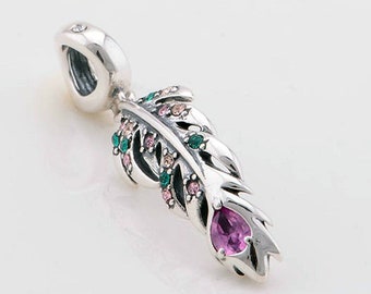 Plume de paon Plume indienne Couleur CZ perles breloques 100% argent sterling 925 digne d'un ajustement authentique Femmes et bracelets européens