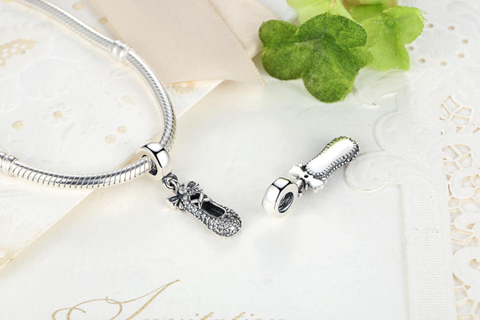 ballet slipper dance shoes with clear cz beads charms authentic 925 sterling silver charms fits european pandora charm bracelet