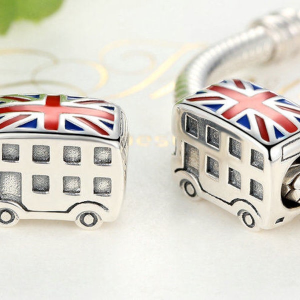 London Bus with Flag Beads Charms 100% 925 Sterling Silver Fit Women, Women Bracelet, Women beads, charms and European bracelets