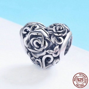Romantic New 925 Rose Flower Engrave Heart Bead Fit Bracelet - Etsy