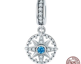 Sparkling Nautical Compass Star Clear CZ Pendant Charms beads 100% 925 Sterling Silver fit for Authentic fit Women and european bracelets