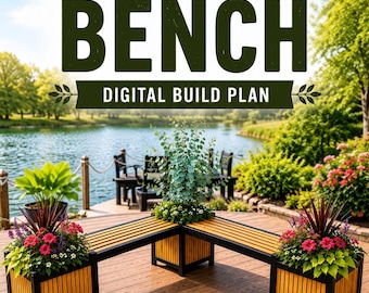 Könnte beinhalten: Ein digitaler Bauplan mit dem Titel THE PLANTER BENCH, der eine eckige Holzbank mit integrierten quadratischen Pflanzgefäßen an den Enden und in der Mitte zeigt. Die Bank hat naturfarbene Holzlatten und einen schwarzen Rahmen mit Blumen.