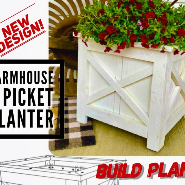 Farmhouse Three Picket Box Planter Plans, Fence Picket Planter Plans, Garden Planter Plans, Flower Box Plans, DIY Flower Box, Flower Box