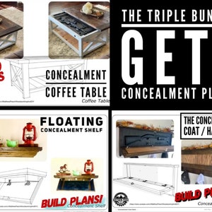 Puede incluir: Un paquete triple de planos de bricolaje para construir una mesa de café de ocultación, un estante de ocultación flotante y un perchero/sombrerero de ocultación. Los planos incluyen instrucciones detalladas y diagramas para construir cada pieza de mobiliario. Los planos están disponibles para comprar como paquete.