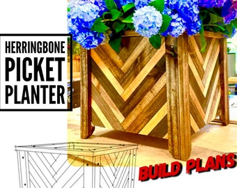 Herringbone Picket Planter Plans, Fence Picket Planter Plans, Garden Planter Plans, Flower Box Plans, Garden Plans, DIY Flower Box, Flowers