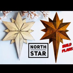 May include: Two wooden North Star decorations, one light and one dark, with the text "NORTH STAR" and "BUILD PLANS". The stars have multiple points and a long, pointed bottom. The background is light blue with floral accents.