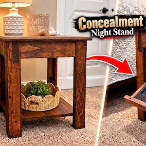 May include: A dark brown wooden nightstand with a square top and a lower shelf. The right side shows a hidden compartment that opens downwards, revealing a foam-lined interior holding a passport and a remote control. Text reads Concealment Night Stand.