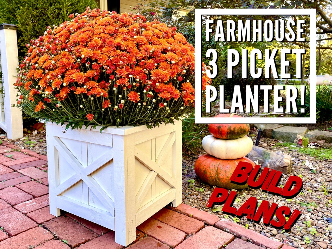 Farmhouse Three Picket Box Planter Plans Fence Picket Planter Etsy