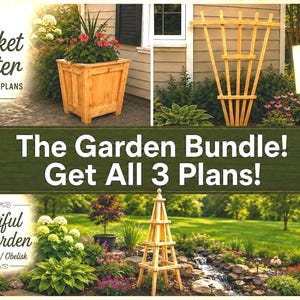 May include: A digital bundle of three garden woodworking plans featuring a square wooden picket planter, a fan-shaped wooden trellis, and a wooden obelisk garden structure. The text reads 3 Picket Planter, Easy DIY Fan Trellis, The Garden Bundle, and Beautiful DIY Garden.