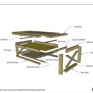 May include: Exploded view diagram of a wooden coffee table with labeled parts, including the top board, top rail, bottom rail, bottom cleat, slide support, bottom shelf, end rail, leg, and cross piece.