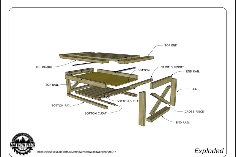 May include: Exploded view diagram of a wooden coffee table with labeled parts, including the top board, top rail, bottom rail, bottom cleat, slide support, bottom shelf, end rail, leg, and cross piece.