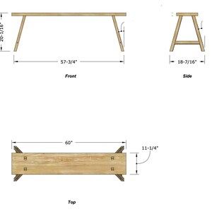 May include: Diagram of a wooden table with measurements. The front view shows a table 57-3/4 inches long and 20-1/16 inches high. The side view shows a table 18-7/16 inches wide. The top view shows a table 60 inches long and 11-1/4 inches wide.