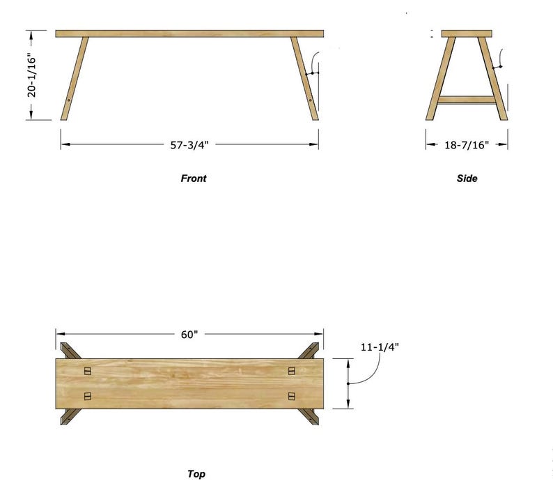 May include: Diagram of a wooden table with measurements. The front view shows a table 57-3/4 inches long and 20-1/16 inches high. The side view shows a table 18-7/16 inches wide. The top view shows a table 60 inches long and 11-1/4 inches wide.