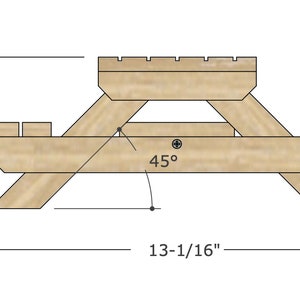 May include: Line drawing of a wooden picnic table with dimensions 13-1/16 inches wide and 5-1/4 inches high. The table top is made of two pieces of wood joined together. The legs are angled at 45 degrees.