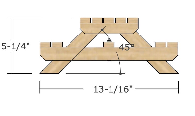 May include: A wooden picnic table with a 5-1/4" height and a 13-1/16" width. The table is made of two pieces of wood that are joined together at a 45-degree angle.