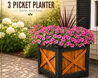 Farmhouse Three Picket Box Planter Plans, Fence Picket Planter Plans, Garden Planter Plans, Flower Box Plans, DIY Flower Box, Flower Box