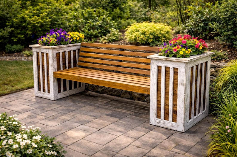 Modern Planter Bench Digital Plans, Bench With 2 Planters Digital Plans ...