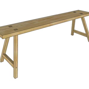May include: A light brown wooden bench with a rectangular top and A-frame legs. The bench is made of natural wood and has a simple, minimalist design. The bench is approximately 72 inches long.