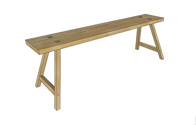 May include: A light brown wooden bench with a rectangular top and A-frame legs. The bench is made of natural wood and has a simple, minimalist design. The bench is approximately 72 inches long.