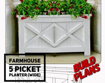 Wide Farmhouse Picket Box Planter Plans, Fence Picket Planter Plans, Garden Planter Plans, Flower Box Plans, DIY Flower Box, Flower Box