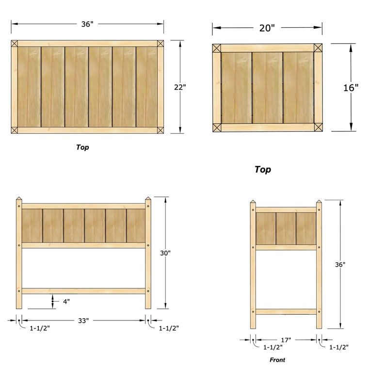 May include: Diagram of a wooden bed frame with dimensions labeled in inches. The top of the bed frame is 36 inches wide and 22 inches long. The headboard is 30 inches tall and the footboard is 36 inches tall. The bed frame is 33 inches long and 4 inches wide.