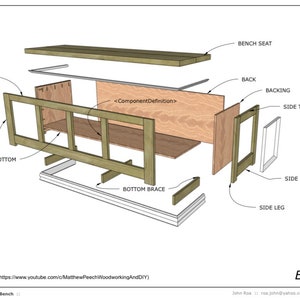 May include: Exploded view diagram of a wooden entry mudroom bench with labeled parts, including the bench seat, back, backing, side top rail, side bottom rail, front top rail, front leg, inside bottom, bottom brace, and side leg.