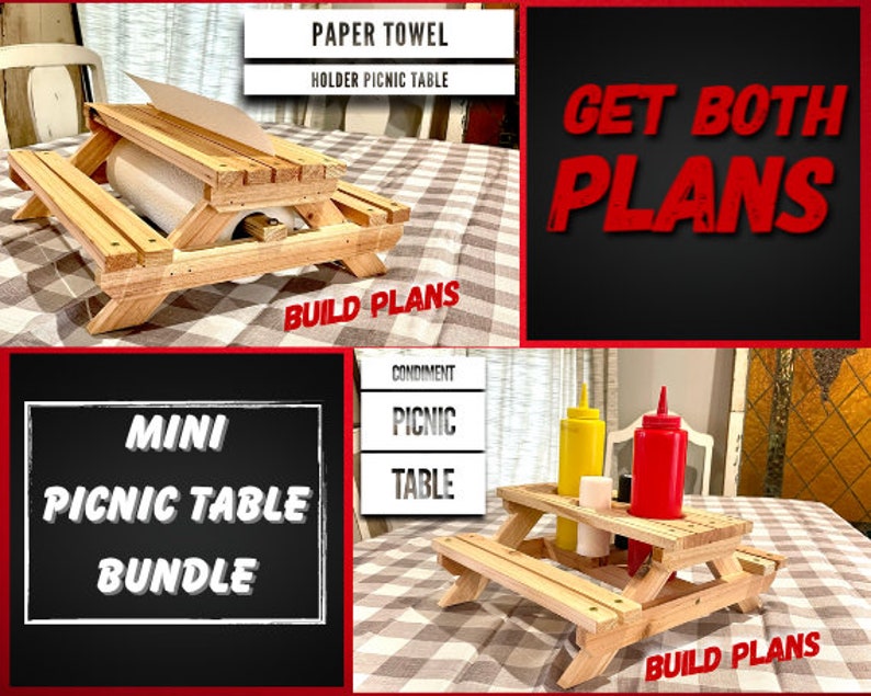 May include: A set of two miniature wooden picnic tables, one with a paper towel holder and the other with two condiment holders. The tables are made of unfinished wood and have a rustic look. The text "GET BOTH PLANS" is displayed in red on a black background.