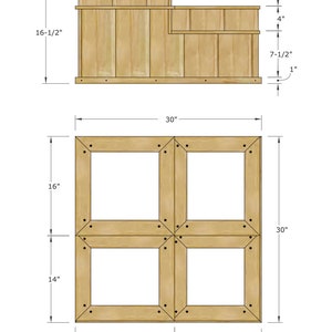 May include: Diagram of a wooden bar counter with dimensions in inches. The counter has a top shelf, a lower shelf, and a base. The base is made of four square frames, each with a 16-inch by 14-inch opening.