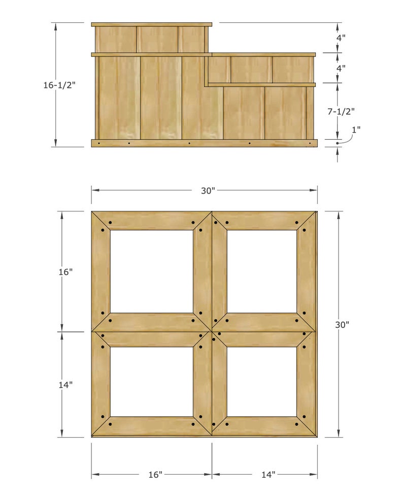 May include: Diagram of a wooden bar counter with dimensions in inches. The counter has a top shelf, a lower shelf, and a base. The base is made of four square frames, each with a 16-inch by 14-inch opening.