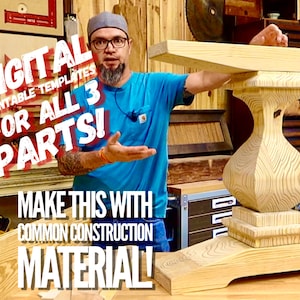 May include: A man in a blue shirt and a grey hat stands in a workshop, holding a wooden table top. The table top is made of light wood and has a simple design. The text "DIGITAL PRINTABLE TEMPLATES FOR ALL 3 PARTS! MAKE THIS WITH COMMON CONSTRUCTION MATERIAL!" is written in red and white on the image.