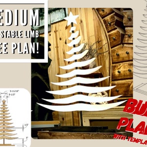 May include: Diagram and a white wooden Christmas tree with adjustable limbs. The text "MEDIUM ADJUSTABLE LIMB TREE PLAN!" is in a red box. The text "BUILD PLANS WITH TEMPLATES!" is in a red box.