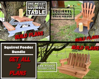 Squirrel Feeder Plans Bundle,  All 3 Squirrel Feeder Plans, Squirrel Picnic Table Adirondack Chair and Swing Feeder Plans, 3 Feeder Plans