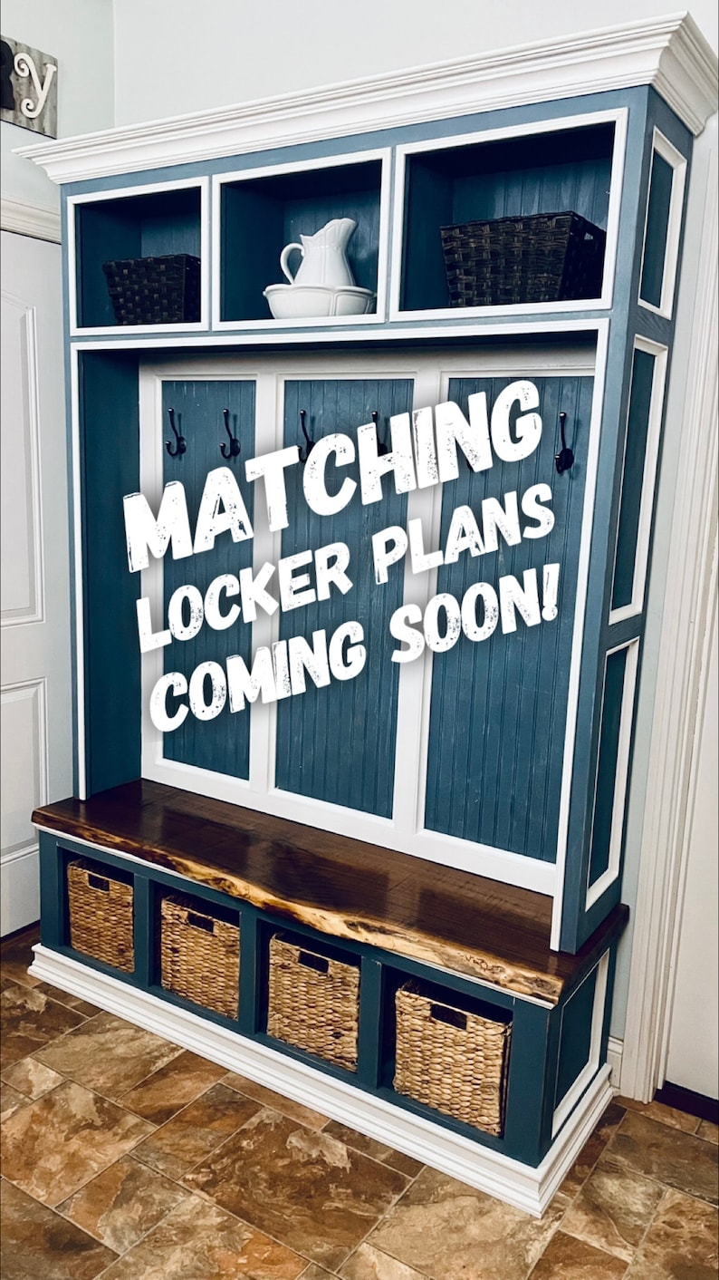 May include: A white and blue entryway bench with a wooden top and four woven baskets underneath. The bench is attached to a white and blue cabinet with three shelves and hooks. The cabinet has a sign that says "Matching Locker Plans Coming Soon!"