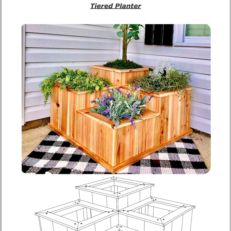 May include: A tiered wooden planter with three levels, each with a square opening for planting. The planter is made of natural wood and has a rustic look. The top level has a small tree, the middle level has green plants, and the bottom level has purple flowers.