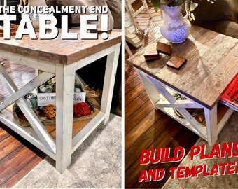 The Concealment Farmhouse End Table/Side Table, Concealment Table, Concealment Side Table Plans, Concealment End Table Plans, Build Plans