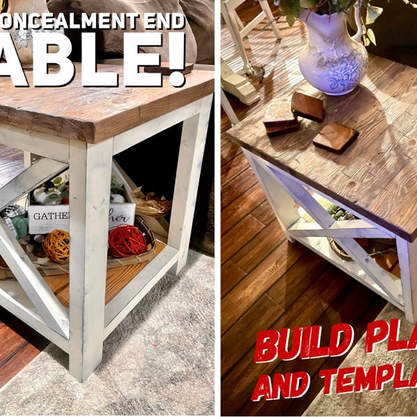The Concealment Farmhouse End Table/Side Table, Concealment Table, Concealment Side Table Plans, Concealment End Table Plans, Build Plans