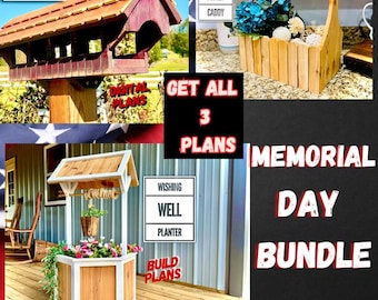 Memorial Day Plan Bundle, Wishing Well Plan, Covered Bridge Bird Feeder Plan, Picket Fence Caddy Plan- all 3 plans in one bundle