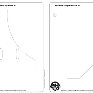 May include: Two black and white woodworking templates. The first is labeled "Full Size Template Top Brace 2" and features a curved design with two oval cutouts. The second is labeled "Full Size Template Beam 1" and has a rectangular shape.