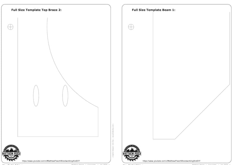 May include: Two black and white woodworking templates. The first is labeled "Full Size Template Top Brace 2" and features a curved design with two oval cutouts. The second is labeled "Full Size Template Beam 1" and has a rectangular shape.